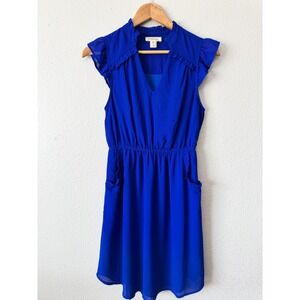 Monteau Blue Dress Ruffle‎ Mock Neck Sleeveless Pockets Cute Mini S
